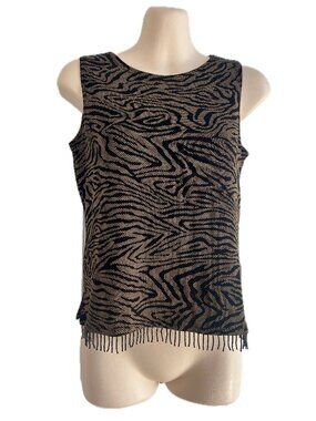 Black & Tan Zebra/Animal Print Sleevless Top w/Black Beaded Fringe – Like New